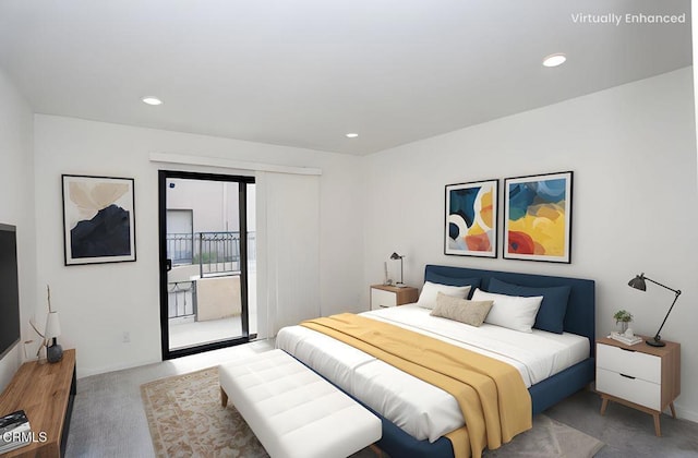 carpeted bedroom with baseboards, access to outside, and recessed lighting