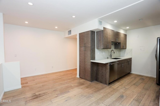 2491 Purdue Ave Unit 111, Los Angeles, CA 90064 - kitchen featuring stainless steel appliances, dark brown cabinetry, light wood finished floors, light countertops, and decorative backsplash