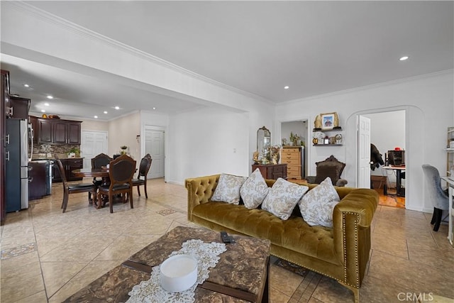 178 E 49th St, Los Angeles, CA 90011 - living room featuring baseboards, crown molding, and recessed lighting