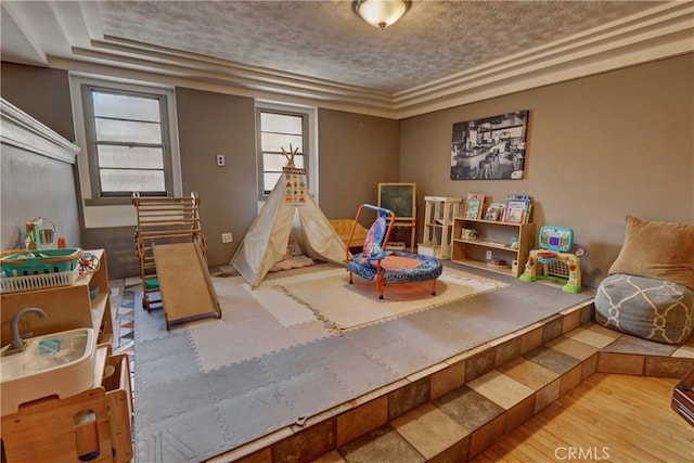 game room with a textured ceiling and a raised ceiling