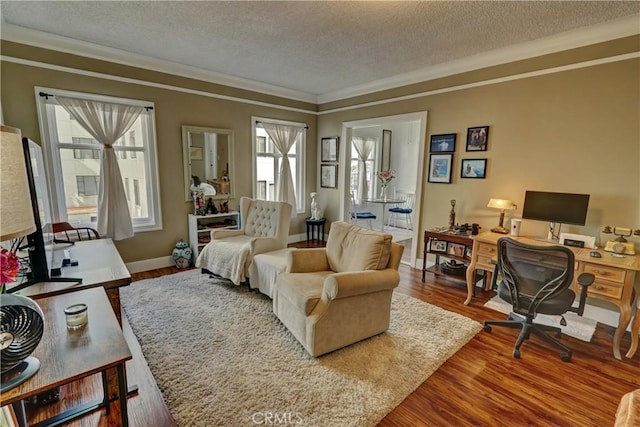 interior space with ornamental molding, a textured ceiling, a healthy amount of sunlight, and wood finished floors