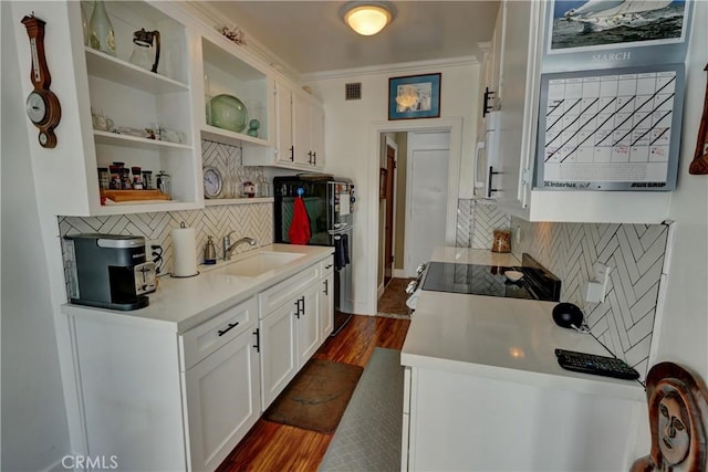 kitchen featuring freestanding refrigerator, a sink, electric stove, dark wood-type flooring, and backsplash