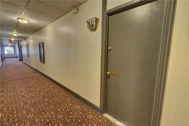 hall featuring a drop ceiling, baseboards, and dark colored carpet