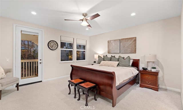 bedroom with recessed lighting, carpet, ceiling fan, and access to exterior