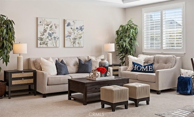 living area with light colored carpet