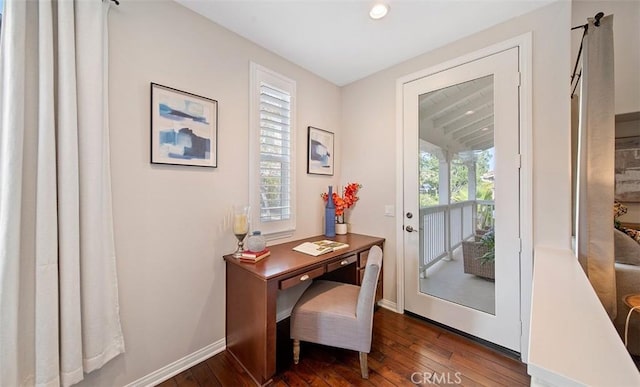 doorway to outside featuring recessed lighting, baseboards, and dark wood finished floors