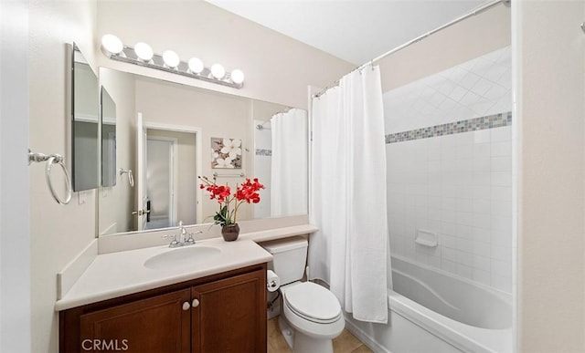 full bathroom featuring vanity, tile patterned flooring, toilet, and shower / tub combo with curtain