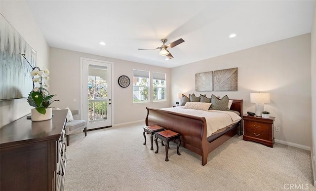 bedroom with access to outside, baseboards, recessed lighting, and light carpet