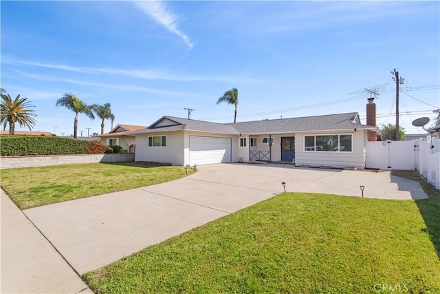 single story home featuring a gate, driveway, a front yard, a garage, and fence