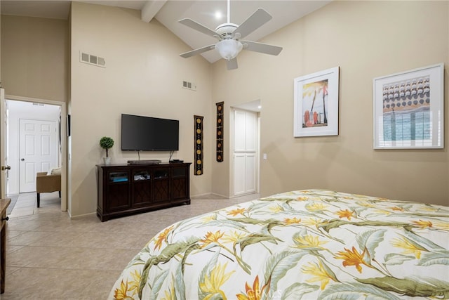 175 Bouquet Canyon Dr, Palm Desert, CA 92211 - bedroom with a ceiling fan, high vaulted ceiling, beamed ceiling, and visible vents