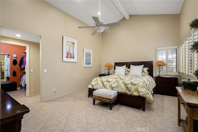 175 Bouquet Canyon Dr, Palm Desert, CA 92211 - bedroom with light tile patterned flooring, high vaulted ceiling, a spacious closet, and beamed ceiling