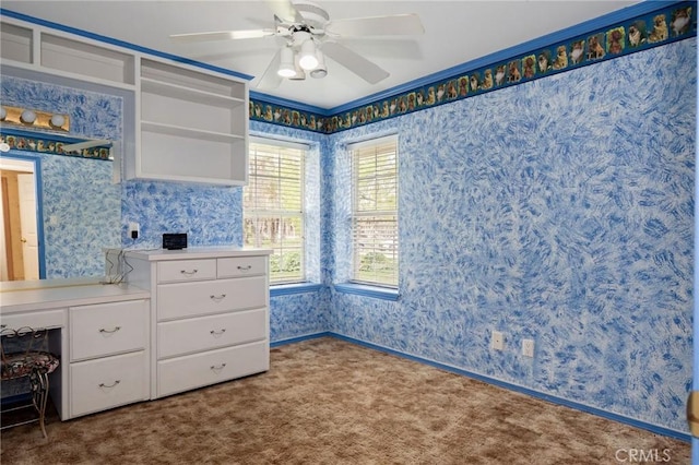 bedroom featuring a ceiling fan, wallpapered walls, carpet, and baseboards