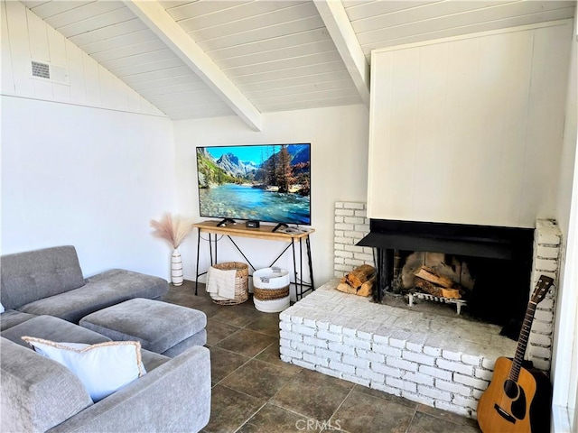 living room featuring visible vents, lofted ceiling with beams, and wood ceiling
