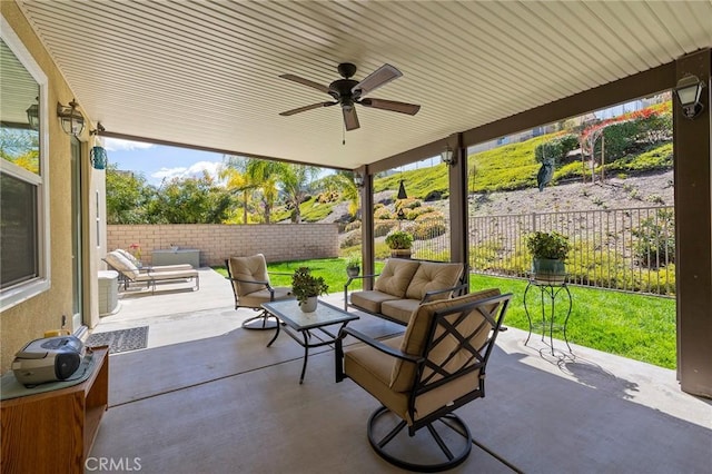 3274 Rural Ln, Corona, CA 92882 - view of patio / terrace featuring outdoor lounge area, a fenced backyard, and a ceiling fan