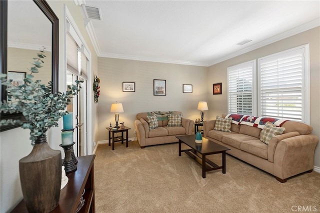 3274 Rural Ln, Corona, CA 92882 - living room featuring light colored carpet, visible vents, crown molding, and baseboards
