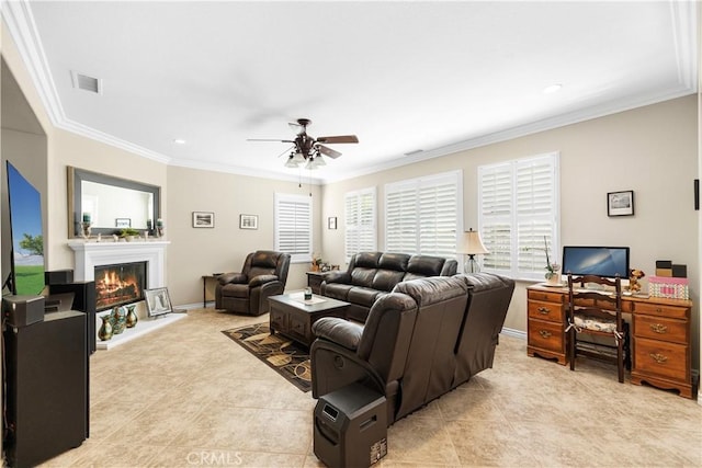 3274 Rural Ln, Corona, CA 92882 - living area with a warm lit fireplace, ornamental molding, ceiling fan, and visible vents