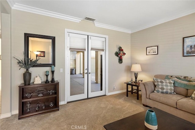 3274 Rural Ln, Corona, CA 92882 - carpeted living area featuring french doors, visible vents, baseboards, and ornamental molding