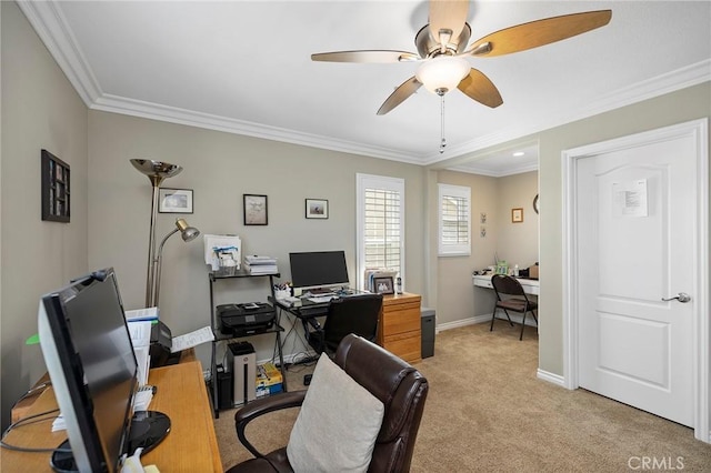 3274 Rural Ln, Corona, CA 92882 - home office with a ceiling fan, ornamental molding, baseboards, and light colored carpet