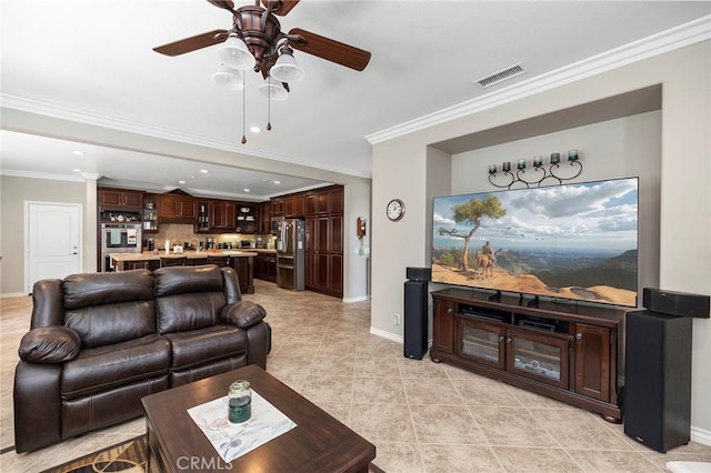 3274 Rural Ln, Corona, CA 92882 - living area with crown molding, a ceiling fan, light tile patterned floors, baseboards, and visible vents