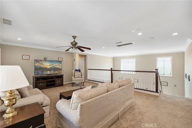 3274 Rural Ln, Corona, CA 92882 - living room with carpet floors, a ceiling fan, visible vents, ornamental molding, and recessed lighting
