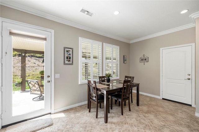 3274 Rural Ln, Corona, CA 92882 - dining space featuring baseboards, ornamental molding, visible vents, and recessed lighting
