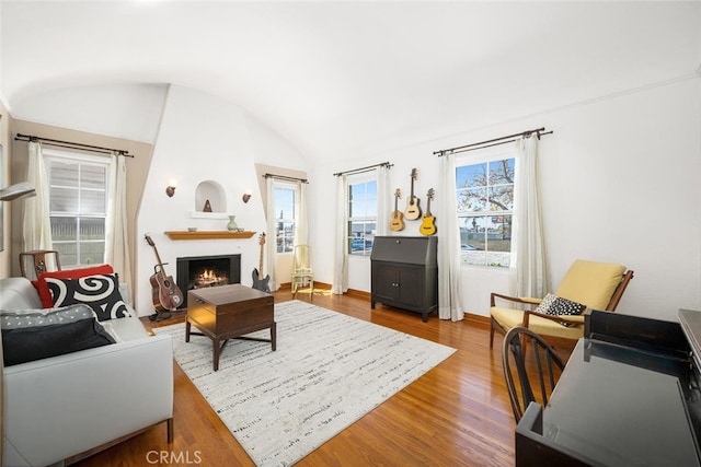 living room with a fireplace, lofted ceiling, and wood finished floors