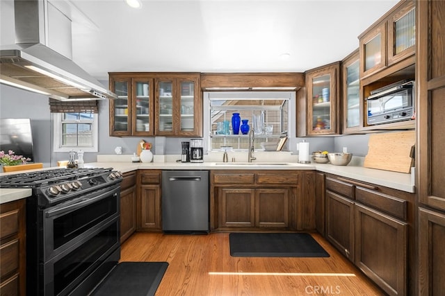 kitchen featuring range hood, a sink, light countertops, light wood finished floors, and stainless steel appliances