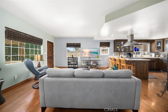 living room featuring recessed lighting, baseboards, and wood finished floors