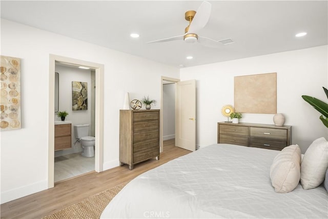3748 Marber Ave, Long Beach, CA 90808 - bedroom with light wood-style floors, baseboards, ensuite bathroom, recessed lighting, and a ceiling fan
