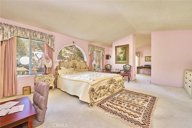 1135 Summitridge Dr, Diamond Bar, CA 91765 - bedroom featuring light carpet, vaulted ceiling, and a textured ceiling