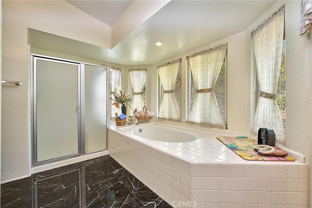1135 Summitridge Dr, Diamond Bar, CA 91765 - full bath with a stall shower, marble finish floor, recessed lighting, and a garden tub