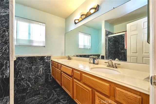 1135 Summitridge Dr, Diamond Bar, CA 91765 - bathroom featuring tile walls, double vanity, a sink, and a shower stall