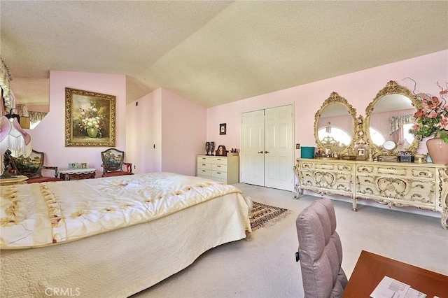 1135 Summitridge Dr, Diamond Bar, CA 91765 - carpeted bedroom with a closet, vaulted ceiling, and a textured ceiling