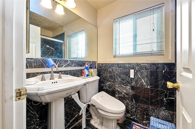 1135 Summitridge Dr, Diamond Bar, CA 91765 - full bath featuring marble finish floor, toilet, a healthy amount of sunlight, and walk in shower