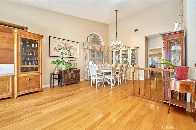 1135 Summitridge Dr, Diamond Bar, CA 91765 - dining room featuring high vaulted ceiling, visible vents, a chandelier, baseboards, and wood finished floors