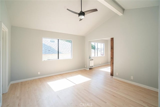 4706 W 168th St, Lawndale, CA 90260 - empty room featuring light wood finished floors, beamed ceiling, ceiling fan, heating unit, and high vaulted ceiling
