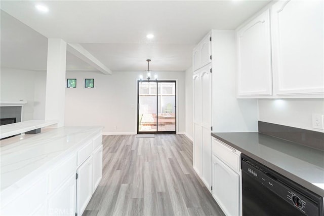 4706 W 168th St, Lawndale, CA 90260 - kitchen featuring dishwasher, white cabinetry, light wood-type flooring, a chandelier, and recessed lighting