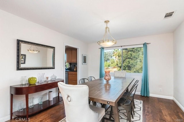 dining room featuring visible vents, dark wood-style flooring, and baseboards