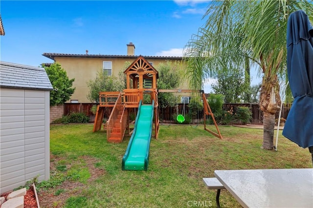16720 S Peak Ct, Riverside, CA 92503 - view of playground featuring a fenced backyard and a shed
