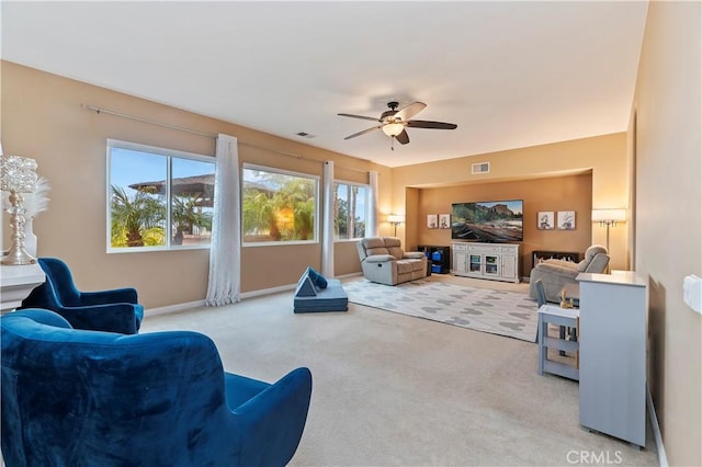 16720 S Peak Ct, Riverside, CA 92503 - carpeted living room featuring a ceiling fan and baseboards