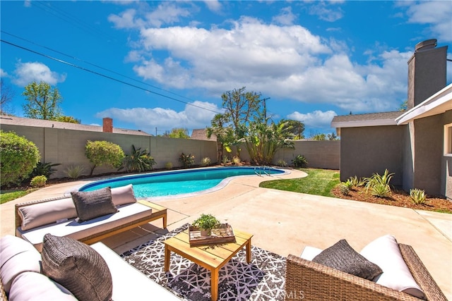 view of pool with a patio, an outdoor living space, a fenced in pool, and a fenced backyard
