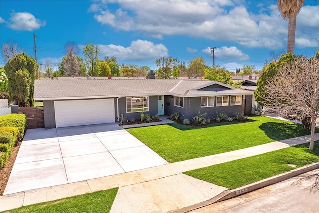 ranch-style house with a garage, a front lawn, concrete driveway, and stucco siding