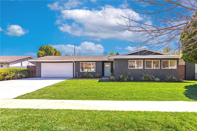 ranch-style home featuring a front lawn, stucco siding, concrete driveway, and an attached garage