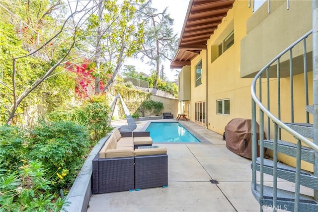 712 Orange Grove Ter, South Pasadena, CA 91030 - view of swimming pool featuring a patio, area for grilling, an outdoor living space, and fence