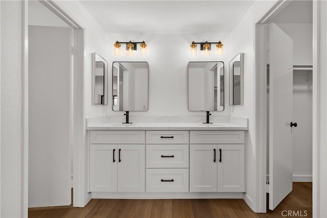 full bathroom featuring wood finished floors, a sink, and double vanity