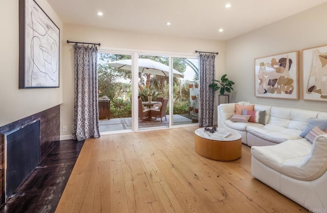 7031 Estrella De Mar Rd, Carlsbad, CA 92009 - living area with wood-type flooring, recessed lighting, a fireplace, and baseboards