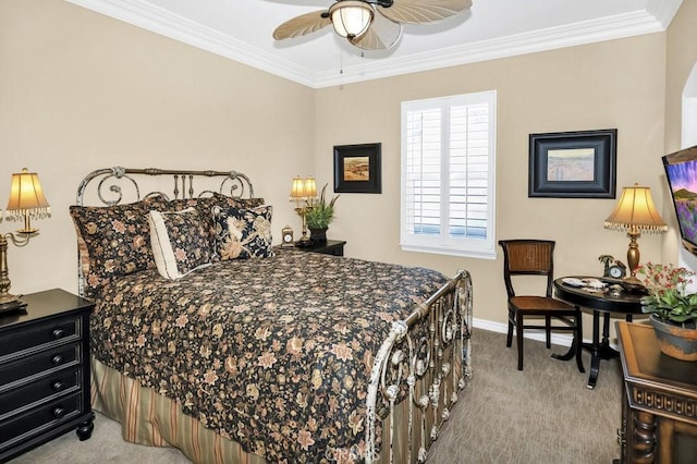 bedroom featuring light colored carpet, ceiling fan, baseboards, and ornamental molding