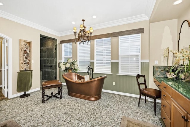office with a notable chandelier, baseboards, crown molding, and recessed lighting