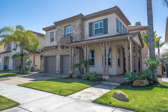 view of front of house with concrete driveway, an attached garage, stucco siding, covered porch, and stone siding