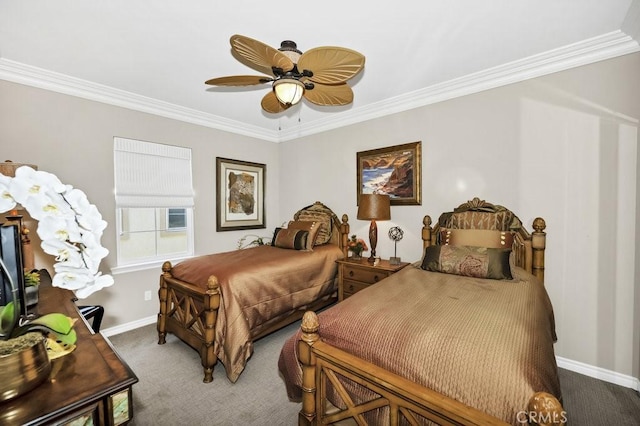carpeted bedroom with ceiling fan, baseboards, and ornamental molding